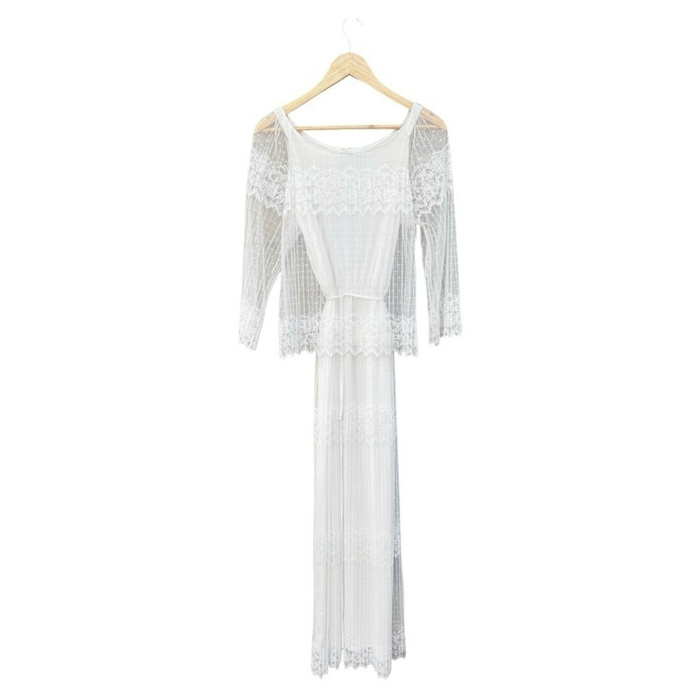 Vintage 70s Boho Chic Elegant White Lace Maxi Dress by Samax New York